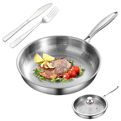 Titanium Hammered Pan Pro, 100% Pure Titanium Hammered Pan with Lid and Hammered Tableware, Non-Stick & Scratch-Resistant, for Cooking, Frying, Baking (10.23 in)