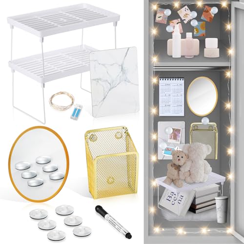 Honoson 13 Pcs Locker Organizer and Decorating Kit, First Day of School Essentials for Girl Marble Print Whiteboard with Markers Locker Shelf Plush Area Rug String Light Mirror Magnetic Cup and Magnet