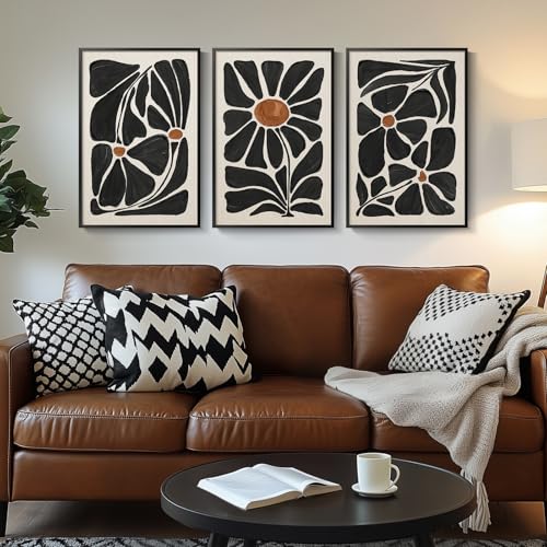 Large Framed Black and White Boho Floral Wall Art, 3 Piece Vintage Botanical Artwork for Walls, Bohemian Flowers Canvas Prints for Living Room Bedroom Hallway Office Home Decor, Total 30x60 Inch