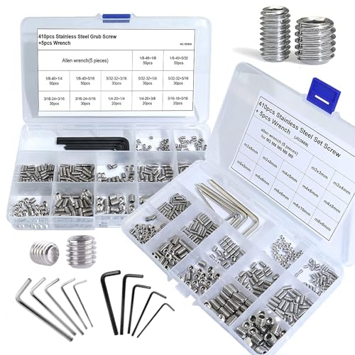 EilxMag 830pcs Set Screw Assortment Kit, Standard SAE + Metric Allen Head Socket Hex Grub Set Screws, Stainless Steel Set Screws for Bathroom Fixtures, Door Handles (M3-M8, 1/8"-40 to 5/16"-18)
