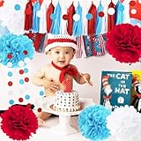 Dr Party Decorations/Thing 1 and Thing 2 Birthday Party Decorations Cat in the Hat Birthday Party/Dr Baby Shower Decorations Turquoise White Red Tissue Pom Pom