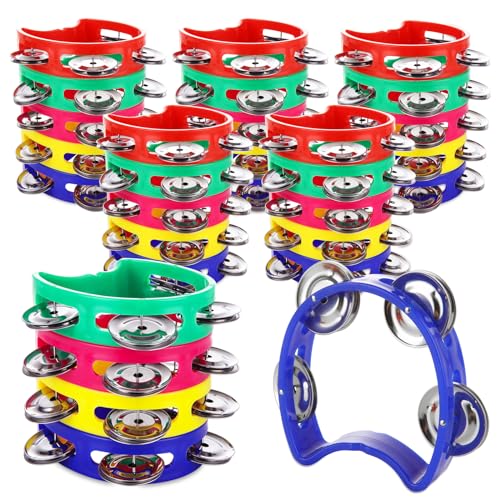 LDXDRU 30Pcs Tambourine for Adults, Colored Plastic Tamborines with 4 Bells, Tambourines Musical Instrument, Handheld Percussion Drum Tambourine for Church, Birthday, Christmas, Party, KTV