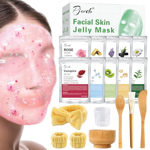 Pjordo Jelly Masks Set for Facials Professional Spa,10 Pack Jelly Mask Powder with Mixing Bowl Set, Peel Off Hydrojelly Mask for Hydrating, Nourishing & Soothing, Gift for Women