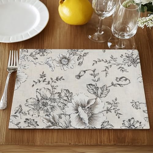 JINCHAN Linen Floral Placemats Set of 4 Farmhouse Placemats Cloth Table Mats Holiday Seasonal Rustic for Kitchen Dining Home Decor Washable Tablemats Double Layer Placemats 13x19 Inch Black