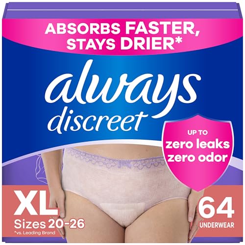 Always Discreet Adult Incontinence Underwear for Women and Postpartum Underwear, Extra Large, Up to 100% Bladder Leak Protection, 64 Count (2 Packs of 32)