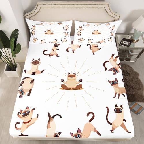 Feelyou Yoga Cat Fitted Sheet Siamese Cats Bedding Set for Kids Boys Girls Teens Cute Pet Decor Cartoon Animals Bed Sheet Set Magical Animal Bed Cover 3Pcs Queen Size