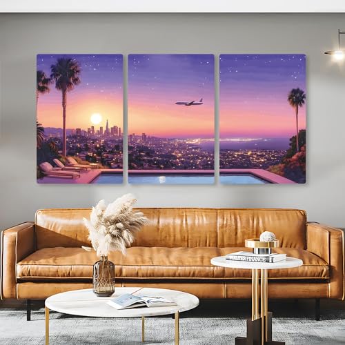 Rumftozyb Hiroshi Nagai Canvas Wall Art, Japanese Anime Wall Decor, Surrealism Wall Art, Miami Sunset Wall Decor, Synthwave Art Print, Purple Cityscape Poster for Living Room (24" x 36" x 3 pcs)