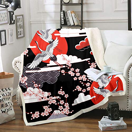 Japanese-Style Throw Blanket 40"x50" Crane Printed Blanket Cherry Blossoms Decor Sherpa Blanket for Adult Women Girls Teens Japanese Traditional Pattern Plush Fuzzy Blanket Ukiyoe Theme Bed Blanket