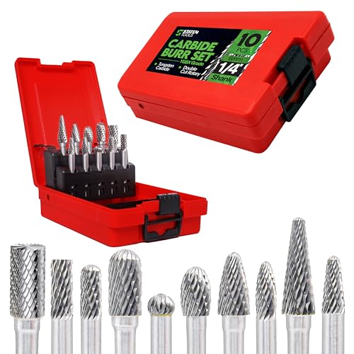 Carbide Burr Set 1/4" Shank – 10 Pcs Double Cut Die Grinder Bits for Milling, Carving, Engraving, Deburring, Drilling, Hard Wood and Metals – Tungsten Carbide Drill Bit Set for Rotary Tools