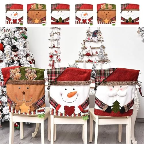 NBVKO Christmas Dining Room Chair Back Cover Set of 6, Stretch Jacquard Chair Slipcover Removable Washable Chair Protector for Home, Restaurant,Santa Claus Snowman Reindeer Xmas Dinner Chairs Cover