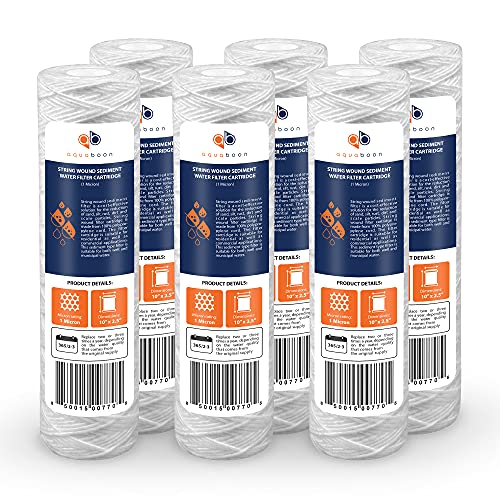 Aquaboon Whole House 1 Micron String Wound Water Filter 10 x 2.5 Cartridge for Well Water Filter Replacement Compatible with WHKF-WHSW, AP110, 6-Pack