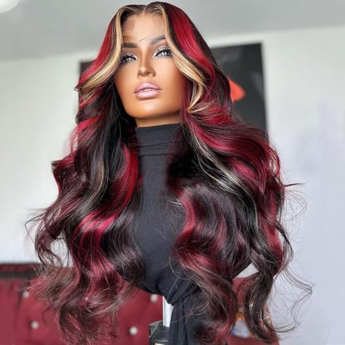 Black Red Blonde Highlight Wig Human Hair Skunk Stripe Human Hair Wig Body Wave Lace Front Balayage Wigs Human Hair Pre Plucked 180% Density 13X4 Transparent Lace Front Colored Human Hair Wig 26 Inch