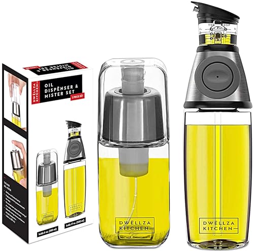 DWËLLZA KITCHEN Olive Oil Dispenser Bottle For Kitchen & Sprayer For Cooking - 2 In 1 Glass 17 Oz. Cooking Oil/Syrup Dispenser With Measurements & 6 Oz. Spray Bottle Set