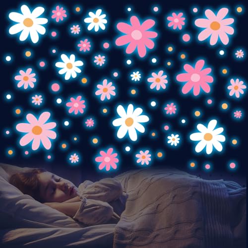 Glow in The Dark Big Daisy Wall Decals，Glowing Luminous Large Cute Daisy Wall Stickers Colorful Removable self-Adhesive Pink White Flower Decals for Girls Bedroom Kids Baby Nursery Living Room Decor