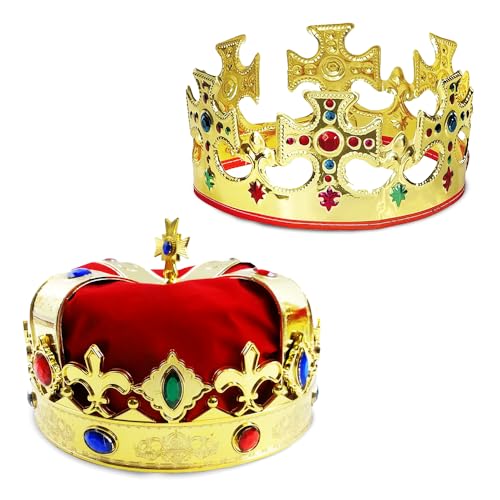 Funny Party Hats Adjustable King Crowns – Royal King Crown – Bejeweled Gold Crowns – 2 Pack