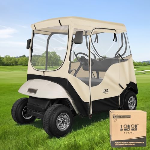 10L0L Golf Cart 2 Passenger Enclosure for EZGO TXT & RXV, 4-Sided Clear Window Rain Cover All Weather Waterproof Windproof, Beige