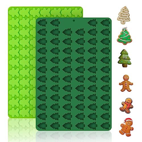 2 PCS Christmas Silicone Molds, 70 Cavity Xmas Tree & 76 Cavity Gingerbread Man Mini Silicone Molds for Baking Biscuits, Gummy,Candy,Chocolate,Jelly,Pet Dog Treats Mold