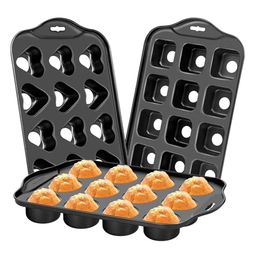 Dualshine 3Pack Mini Cheesecake Pans Removable Bottom, Mini Cupcake Pans 12 Hole Mini Muffin Pan Nonstick Carbon Steel Round, Square, Heart-Shaped Mini Muffin Tin for Pancakes, Mini Cheesecakes