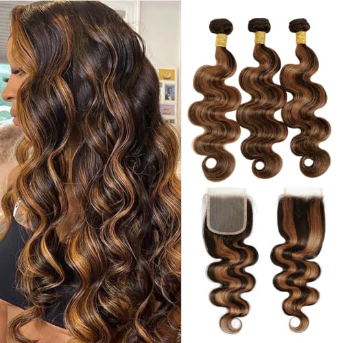 MOMOSHERO Brown Highlight 3 Bundles with 4x4 Closure Human Hair Body Wave HD Lace Free Part, Fb30 Soft and Glossy 12A Balayage #1b/30 Black and Brown Bundles and Closure 100% Remy Hair 10 12 14+10 In