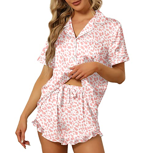 SAPJON Satin Silk Pajamas for Women 2Pcs Ruffle Notch Collar Sleepwear Button Down Short Sleeve Shorts Pjs Set Loungewear Pink Leopard
