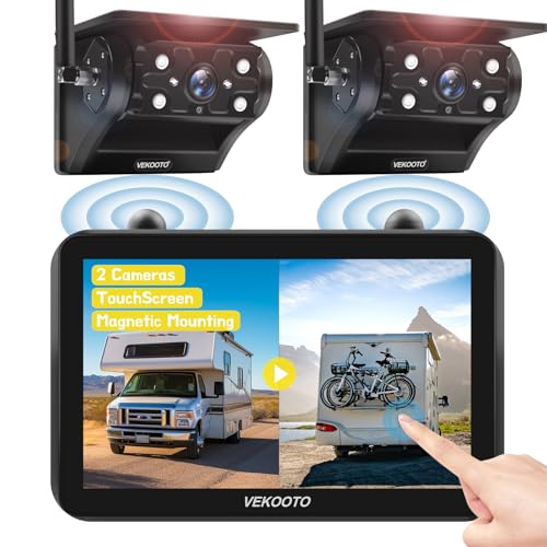 2 Magnetic Solar Wireless Backup Camera with 7'' IPS Touchscreen, 15,000mAh Rechargeable, Auto Sleep, No Wiring, 1080P Night Vision Wireless Backup Camera for Trucks, RV, Trailer, Camper VEKOOTO VK7-2