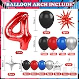 4th Spider Birthday Balloons Decorations, Spider Balloon Arch Kit with Royal Blue Black Red Silver Balloons, 40 Inch Red Number 4 Balloon Tower, Star Foil Balloons for Boys Superhero Theme Party