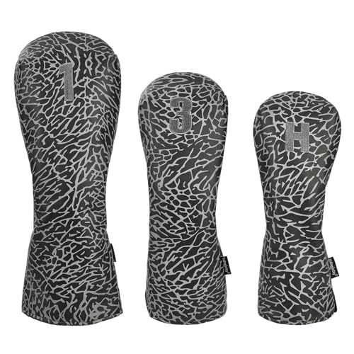 Golf Head Covers for Drivers, Fairway #3 Hybrid for Club, Golf Club Covers for Men and Women, Premium Embroidered PU Leather, Double Elastic Band, Black & Grey Elephant Prints (3pcs)