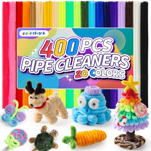 POIKSHARK 400 PCS 20 Colors Thick Pipe Cleaners Craft, Multi-Colored Chenille Stems for Craft Supplies & Materials, Fuzzy Pipe Cleaners Bulk for DIY Arts Projects, Rainbow Pipe Cleaners(12inch*6mm)