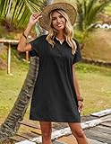 Zeagoo Women Summer Casual T Shirt Dresses Cotton Short Sleeve Button Down Tunic Dress with Pockets Black S