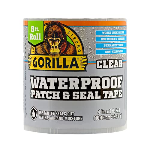Gorilla Waterproof Patch & Seal Tape, Clear Tape, 4" x 8' (Pack of 1) - Permanent Weather Resistant Seal for Leaks and Repairs