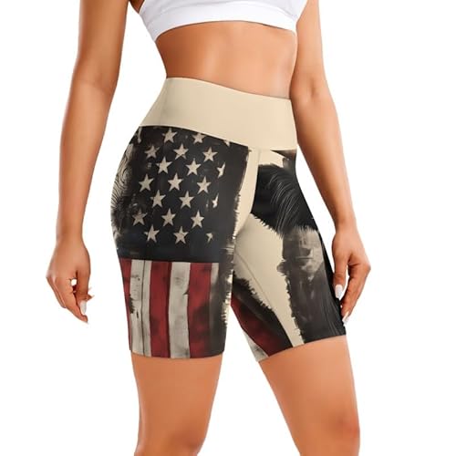 Irisjudy America Flag Cow Women's Yoga Shorts Pants Stars and Stripes Milk Cow Butt Lifting Booty Shorts Gym Trousers 4th of July High Waisted Workout Leggings