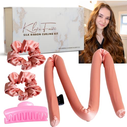 Klara Faire Heatless Hair Curlers -100% Silk Heatless Curling Rod Headband/w 2 Silk Hair Ties & 1 Hair Clip | Authentic Grade 6A 22MM Mulberry Silk Heatless curls(Rose Gold)