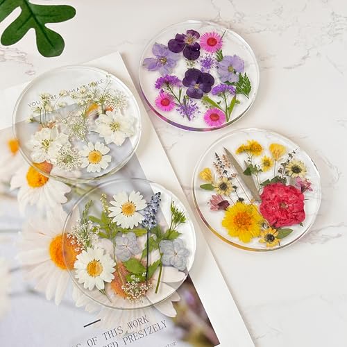 4Pcs Pressed Flower Coasters, Handmade Natural Flowers Resin Coasters, Round Outdoor Coasters, Wedding Birthday Table Decor Wildflowers Art