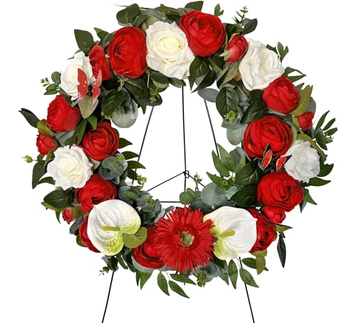 HENOMO Cemetery Wreaths Decoration - Headstone Wreaths with Rose Camellia Daisy for Graves on 30 inch Tall Easel Stand, Spring Wreath for Front Door Decoration