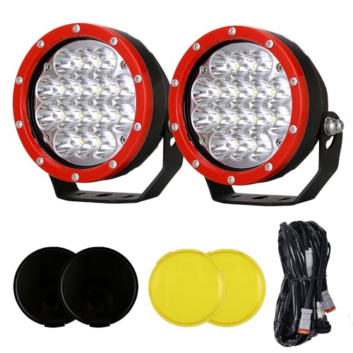 BIGLION.X 5Inch 2Pcs 160W Red Round Offroad Lights 18800LM Super Bright Amber Offroad Driving Lights Yellow Work Lights Waterproof IP68 12V 24V with Wiring Harness for Trucks Pickup ATV UTV SUV