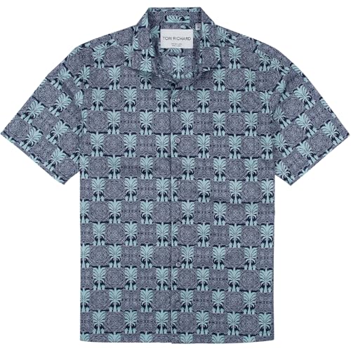 Tori Richard Cotton Lawn Noble Palm Short Sleeve Aloha Shirt, Navy, Medium
