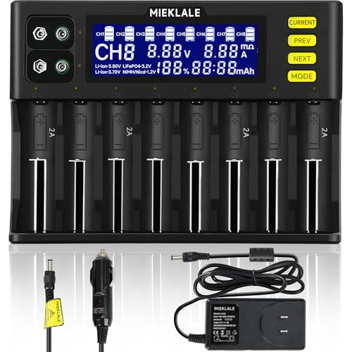 18650 Battery Charger, MIEKLALE 8+2 Bays Smart Universal Charger with LCD Display for Rechargeable Batteries AA AAA Ni-MH/Cd Li-ion LiFePO4 & 9V(8+2Slots)