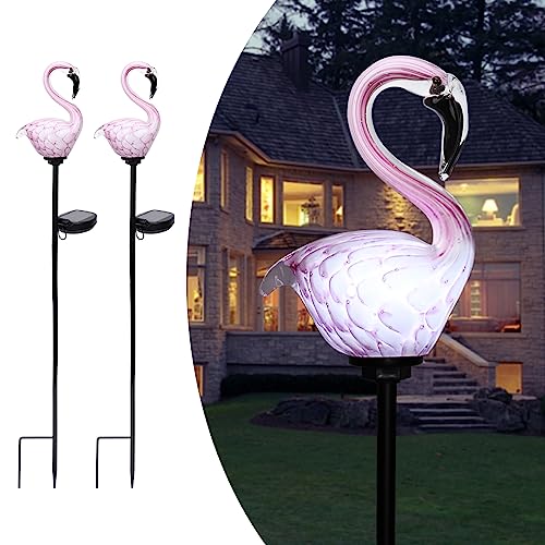 Afirst Solar Outdoor Decorative Lights - Flamingo Handblown Glass Garden Stakes 4" W 2 Pack