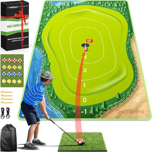 Golfguru Golf Chipping Game, 3 in 1 Golf Game Chipping Mat with Extra Mat, 16 Balls, 4 Ground Stakes, Indoor Outdoor Game for Adults Family Kids, Gifts Accessories for Men
