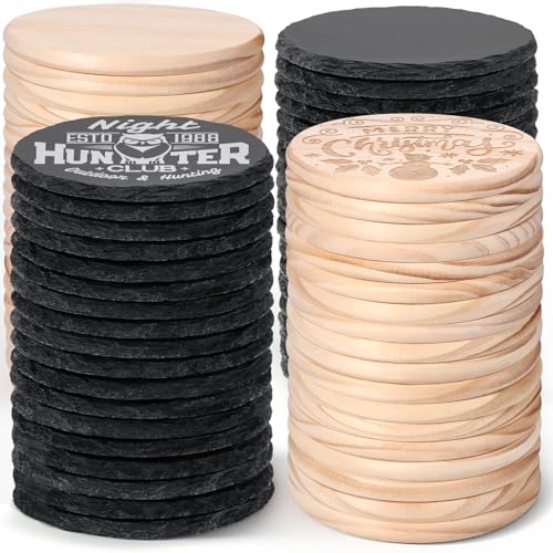 MAPRIAL 72 PCS Coasters for Laser Engraving, 36 Black Slate Stone & 36 Unfinished Wood, Round, Perfect for Home, Kitchen, Office, Gifts