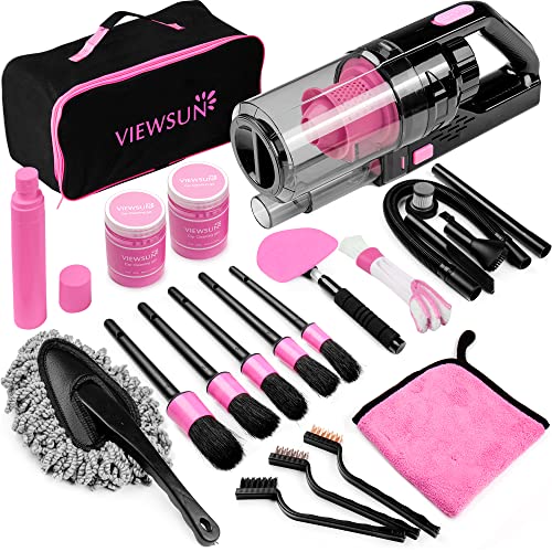 Viewsun 17pcs Car Cleaning Kit, Pink Car Interior Detailing Kit with High Power Handheld Vacuum, Detailing Brush Set, Windshield Cleaner, Cleaning Gel, Complete Auto Accessories for Women Gift