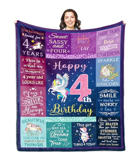Solzien 4 Year Old Girl Gifts Blanket 50"x40", Birthday Gifts for Four Year Old Girl/Daughter/Granddaughter/Niece, 4th Birthday Decorations