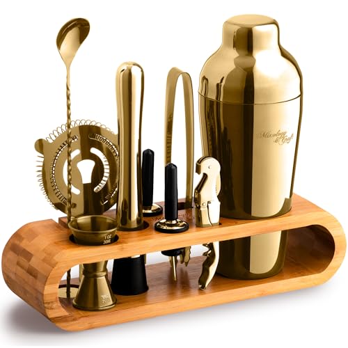 Mixology Bartender Kit: 10-Piece Bar Tool Set with Bamboo Stand | Perfect Home Bartending Kit and Martini Cocktail Shaker Set For a Perfect Drink Mixing Experience | Fun Housewarming Gift (Gold)