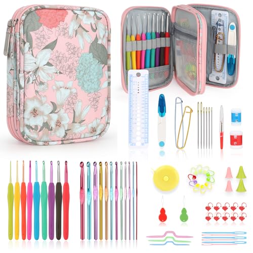 Katech Crochet Hooks Set with Crochet Case, 73-Piece Crochet Hooks Kit Knitting Accessories Ergonomic Aluminum Alloy Crochet Hook Colorful Crochet Needles for Making Socks, Gloves, Bag, Hat, Sweaters