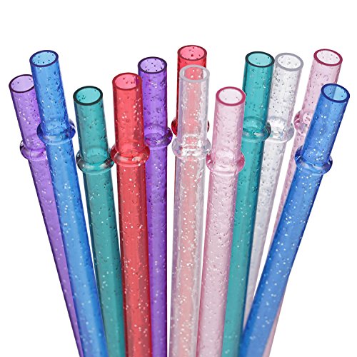 Dakoufish 11 inch glitter clear 12 piece reusable straw replacement plastic straw for 16 oz 18oz 20 oz 24 oz 30 oz yeti,stanley,tumblers starbucks straws plus one cleaning brush (6 color,11 inch)