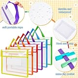 Teling 24 Pack Thick Clear Book Pouches with Blank Name Tags and Handles Book Bags Organizer for School Classroom Library Pockets Students(10 x 14 Inch)