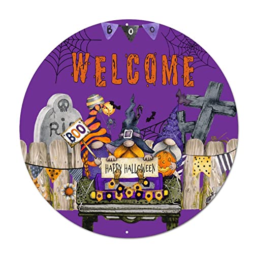 Welcome Sign for Wall Halloween Boo Pumpkin Gnome Round Metal Sign Cat Gravestone Spider Web Aluminum Sign Scary Bloody 12in Funny Poster Art Design for Outdoor Porch Patio Kitchen Garden