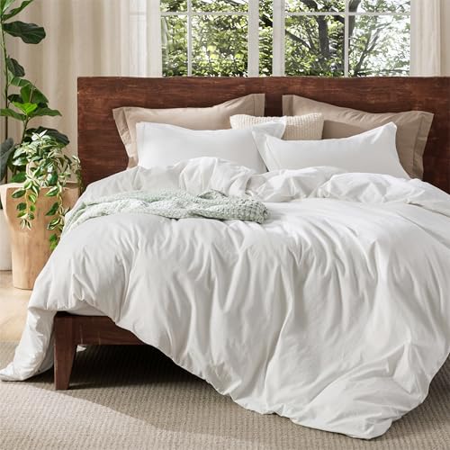 Bedsure 100% Washed Cotton Duvet Cover King Size - Minimalist Natural White Cotton Duvet Cover Linen Like for All Seasons - GentleSoft™ Plain Simple Bedding, 3 Pieces (White, King, 104"x90")