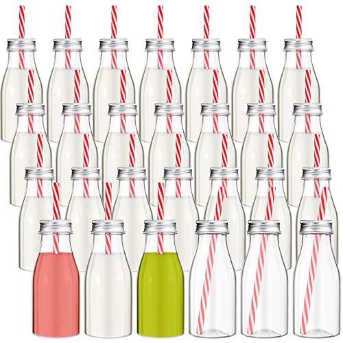 Irenare 40 Sets Plastic Small Milk Bottles with Straws and Metal Lids Clear Plastic Bottle for Dairy Milk Party Bottle for Milk Juices Shakes Smoothies, 40 Bottles and 40 Straws (Silver,8 oz)