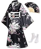 Japanese Anime Women's Long Kimono Robe Fancy Dress Hand Held Silk Folding Fans Tabi Socks Set Black